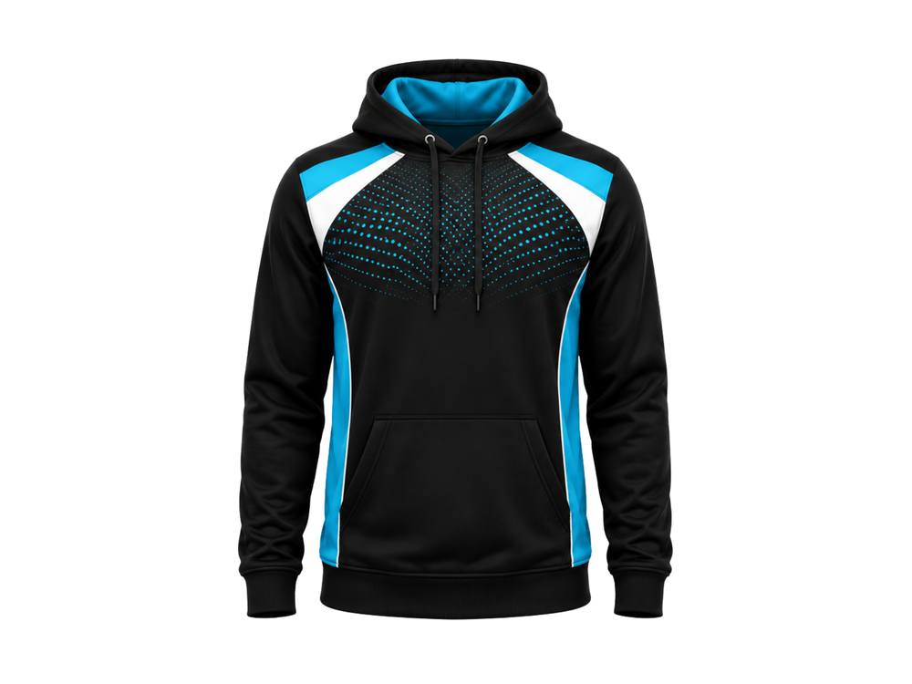 Custom Bowling Team Hoodie – Black Cyan White Sublimated Pullover Teamwear front design preview