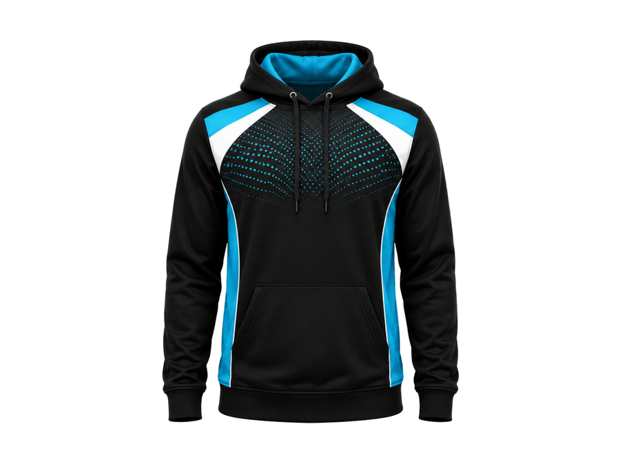 Custom Bowling Team Hoodie – Black Cyan White Sublimated Pullover Teamwear design preview