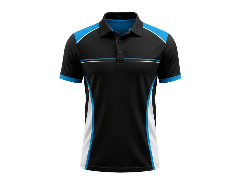 Bowling Alley Staff Polo Shirt Black Blue White B2B Employee Uniform front design preview