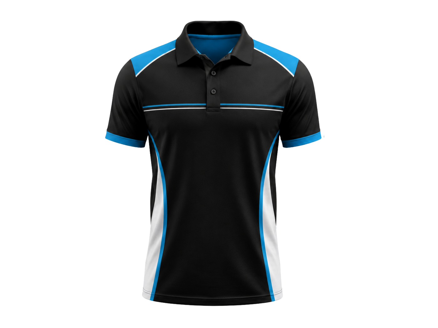 Custom Bowling Alley Staff Polo – Black Blue White Sublimated Employee Uniform