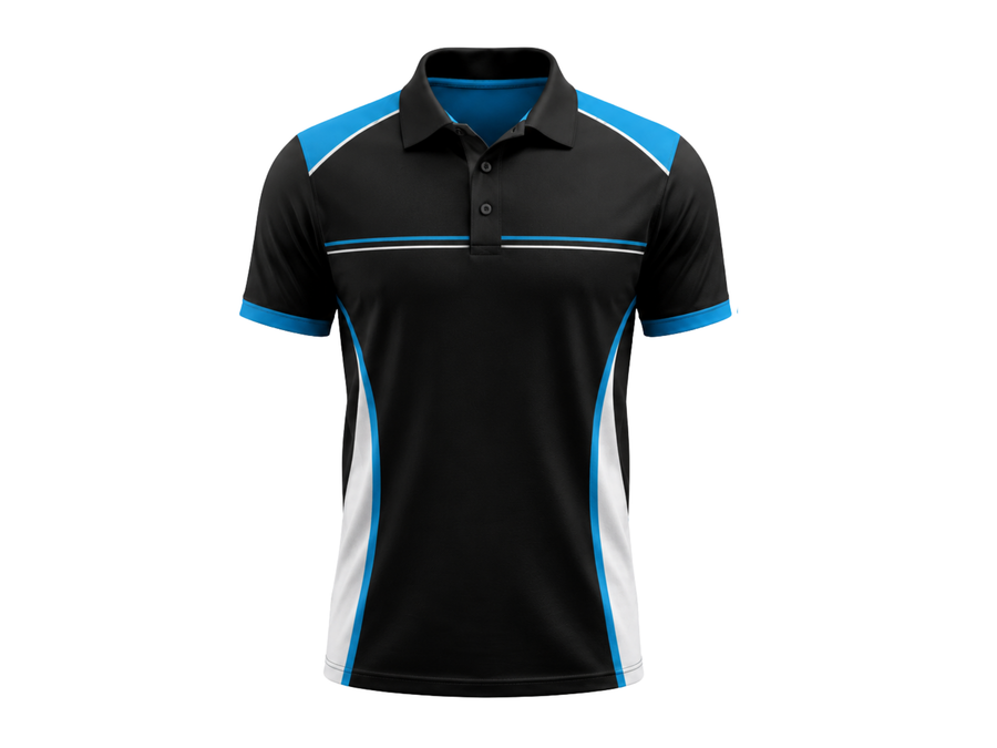 Custom Bowling Alley Staff Polo – Black Blue White Sublimated Employee Uniform design preview