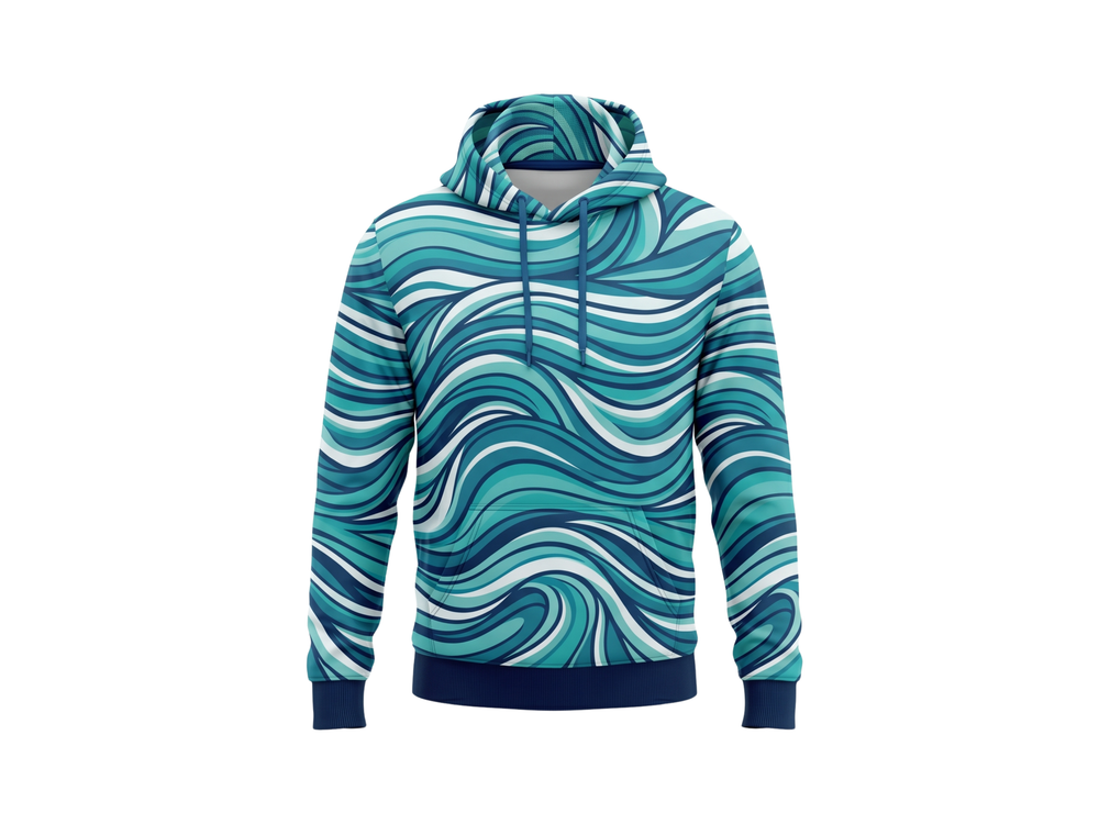 Wholesale Basketball Hoodie – Teal Blue Wave Sublimated Pullover Teamwear front design preview