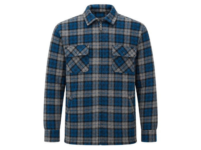 Sherpa Lined Work Shacket B2B Low MOQ Warm Zip Front Layer Blue Check Workwear front design preview