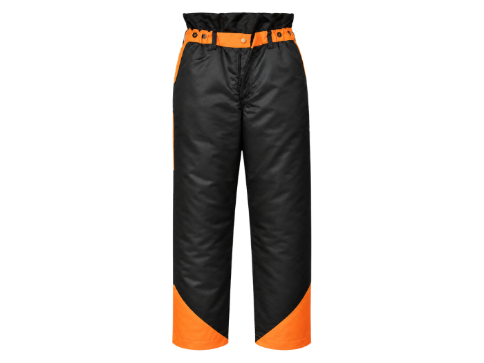 Chainsaw Protective Trousers – Low MOQ B2B Forestry Workwear in Black & Orange front design preview