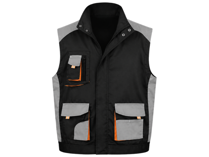 Black and Grey Trade Utility Gilet – Wholesale Lightweight Work Vest with Storm Flap front design preview