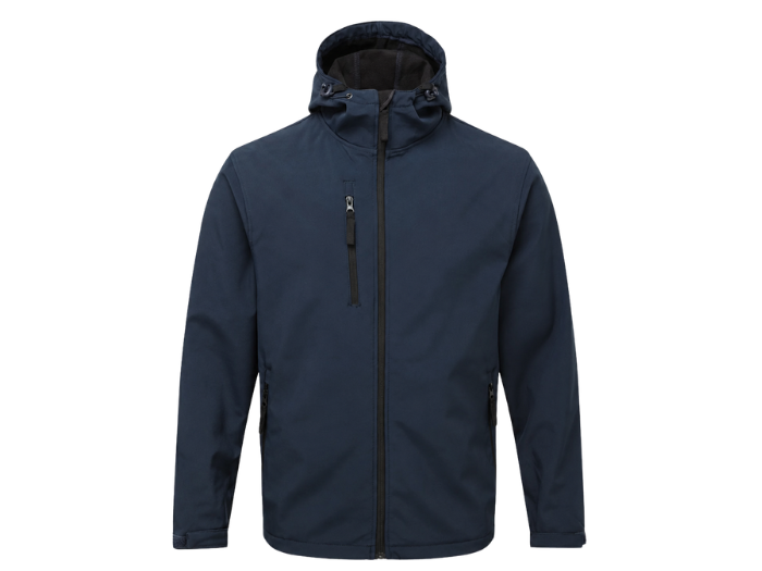 B2B Hooded Softshell Jacket Navy Workwear Custom Jacket Low MOQ front design preview