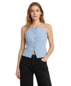 B2B Women’s Light Blue Button-Front Denim Vest Low MOQ