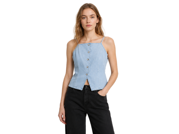 B2B Women’s Light Blue Button-Front Denim Vest Low MOQ front design preview