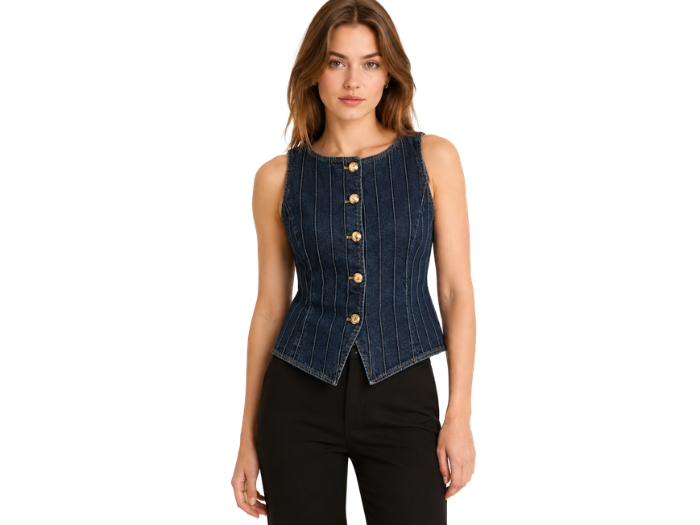 Women’s Button-Front Denim Vest B2B Dark Blue front design preview