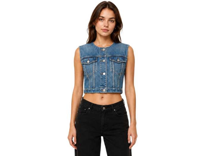 Denim Vest Women’s Cropped Button-Front B2B Blue
