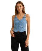 Denim Vest Women’s Bow-Strap Button-Front Light Light Blue B2B