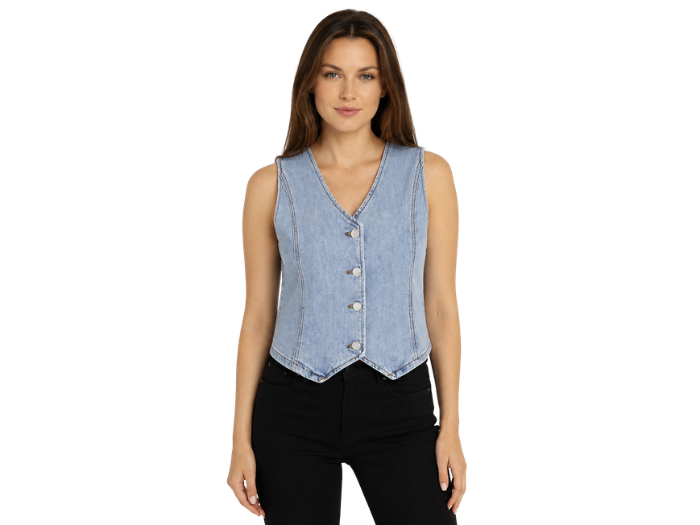 B2B Denim Vest Women’s V-Neck Button-Front Light Blue
