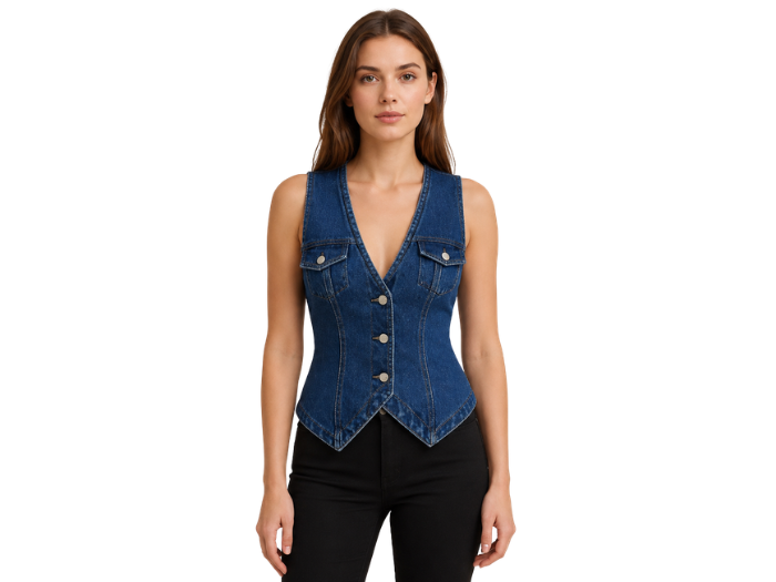 Denim Vest Women’s Fitted V-Neck B2B Deep Blue Wash
