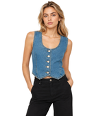Women’s Scoop-Neck Button-Front Denim Vest Medium Blue B2B