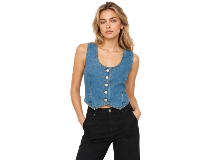 Women’s Scoop-Neck Button-Front Denim Vest Medium Blue B2B