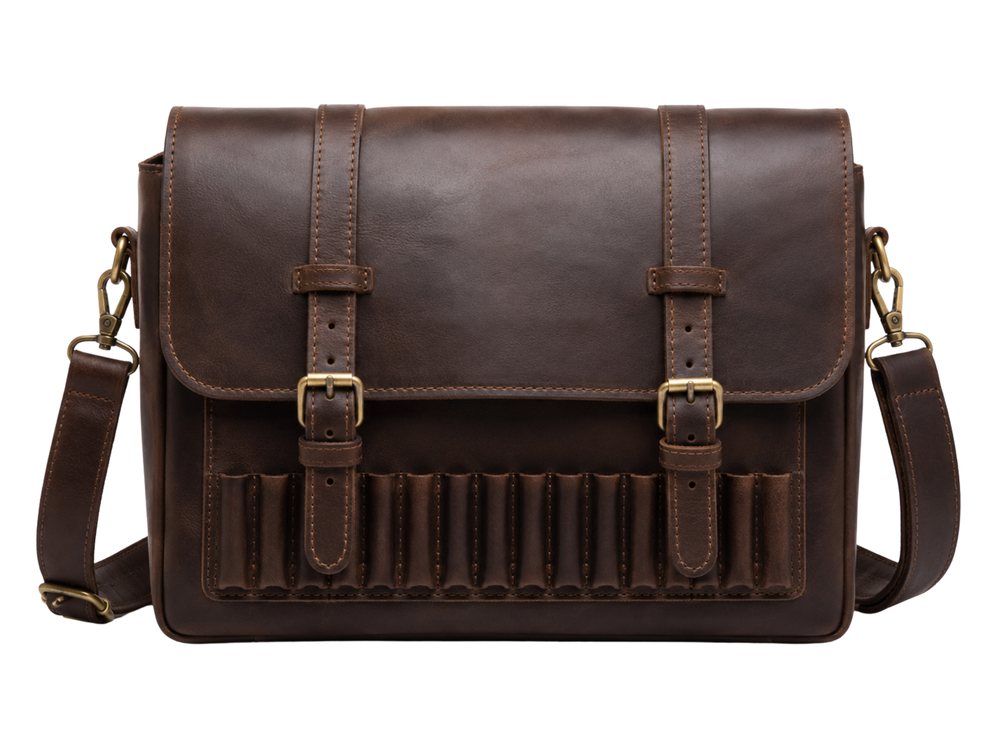 Double-Buckle Hunting Cartridge Leather Bag – Dark Brown | B2B Low MOQ front design preview