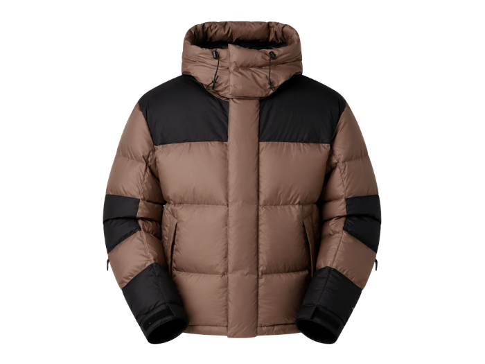 Contrast-Panel Hooded Duck Down Puffer Jacket – Taupe Brown and Black | B2B Low MOQ