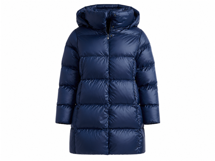Long Hooded Duck Down Puffer Coat – Navy Blue | B2B Low MOQ front design preview