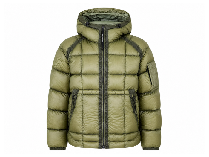 Grid-Panel Hooded Duck Down Puffer Jacket – Olive Green | B2B Low MOQ front design preview