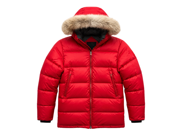Plush-Trim Hooded Goose Down Puffer Jacket – Red | B2B Low MOQ