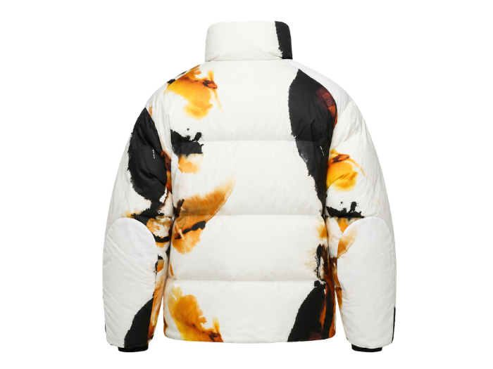 All-Over Print Sublimated Puffer Jacket – White, Black and Orange Abstract Graphic | B2B Low MOQ