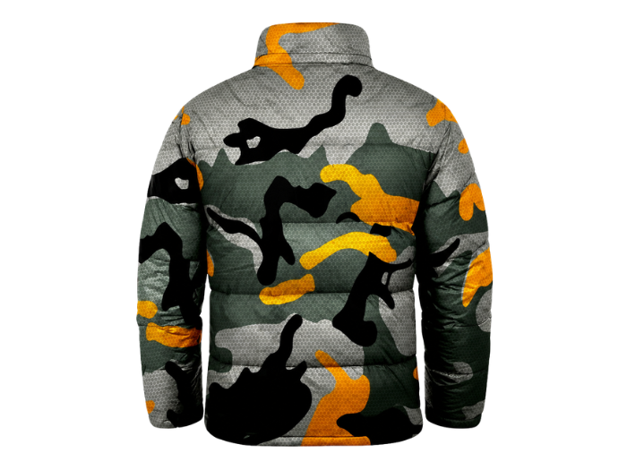 Camouflage Sublimated Puffer Jacket – Grey, Black, Green and Mustard Print | B2B Low MOQ