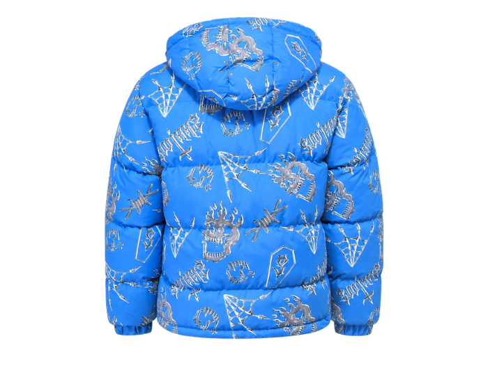 Hooded All-Over Print Sublimated Puffer Jacket – Light Blue and Silver Abstract Print | B2B Low MOQ