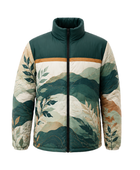 Panel-Print Sublimated Puffer Jacket – Dark Green and Cream Botanical Graphic | B2B Low MOQ