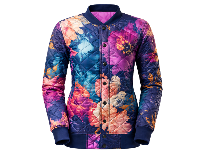 Floral-Print Sublimated Puffer Jacket – Navy, Pink and Blue Botanical Print | B2B Low MOQ front design preview