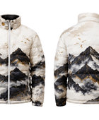 Mountain-Print Sublimated Puffer Jacket – White, Grey and Black Landscape Graphic | B2B Low MOQ