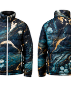 Abstract-Print Sublimated Puffer Jacket – Black, Teal and Gold Graphic | B2B Low MOQ