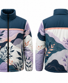 Panel-Print Sublimated Puffer Jacket – Navy, Lavender and Cream Botanical Graphic | B2B Low MOQ
