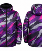 Hooded All-Over Print Sublimated Puffer Jacket – Purple, Magenta and Grey Abstract Print | B2B Low MOQ
