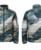 Mountain-Landscape Sublimated Puffer Jacket – Teal, White, Grey and Muted Gold | B2B Low MOQ