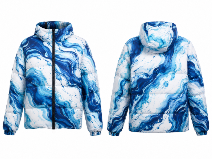 Hooded Marble-Print Sublimated Puffer Jacket – Navy, Blue, Aqua and White | B2B Low MOQ