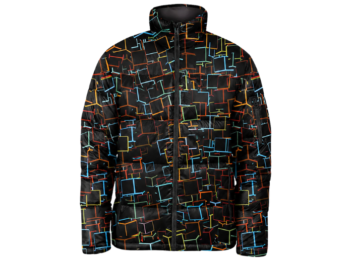 Geometric-Line Sublimated Puffer Jacket – Black with Multicolour Outline Print | B2B Low MOQ front design preview