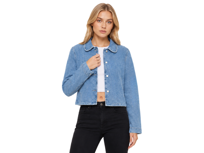 B2B Women’s Light Blue Cropped Denim Jacket Low MOQ Denim Manufacturer front design preview