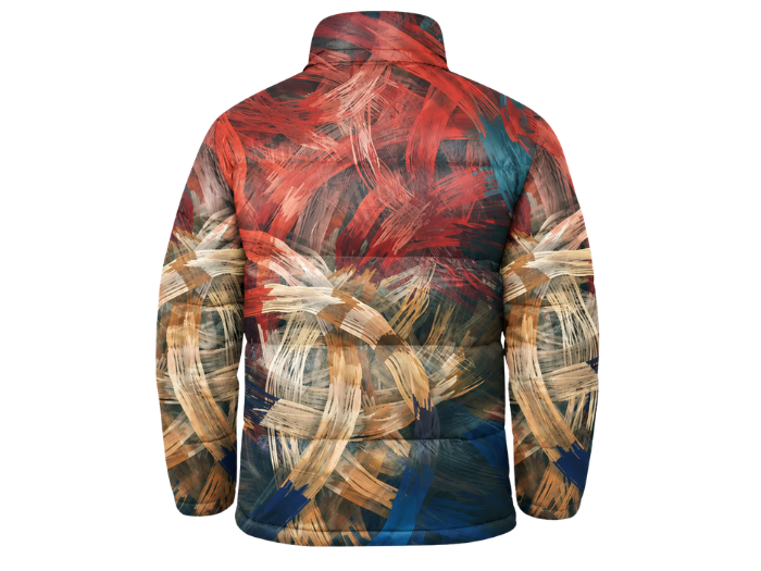Layered Abstract-Print Sublimated Puffer Jacket – Rust Red, Tan, Navy and Teal | B2B Low MOQ