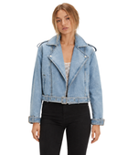 Custom Women’s Belted Moto Denim Jacket B2B Low MOQ Denim Manufacturer