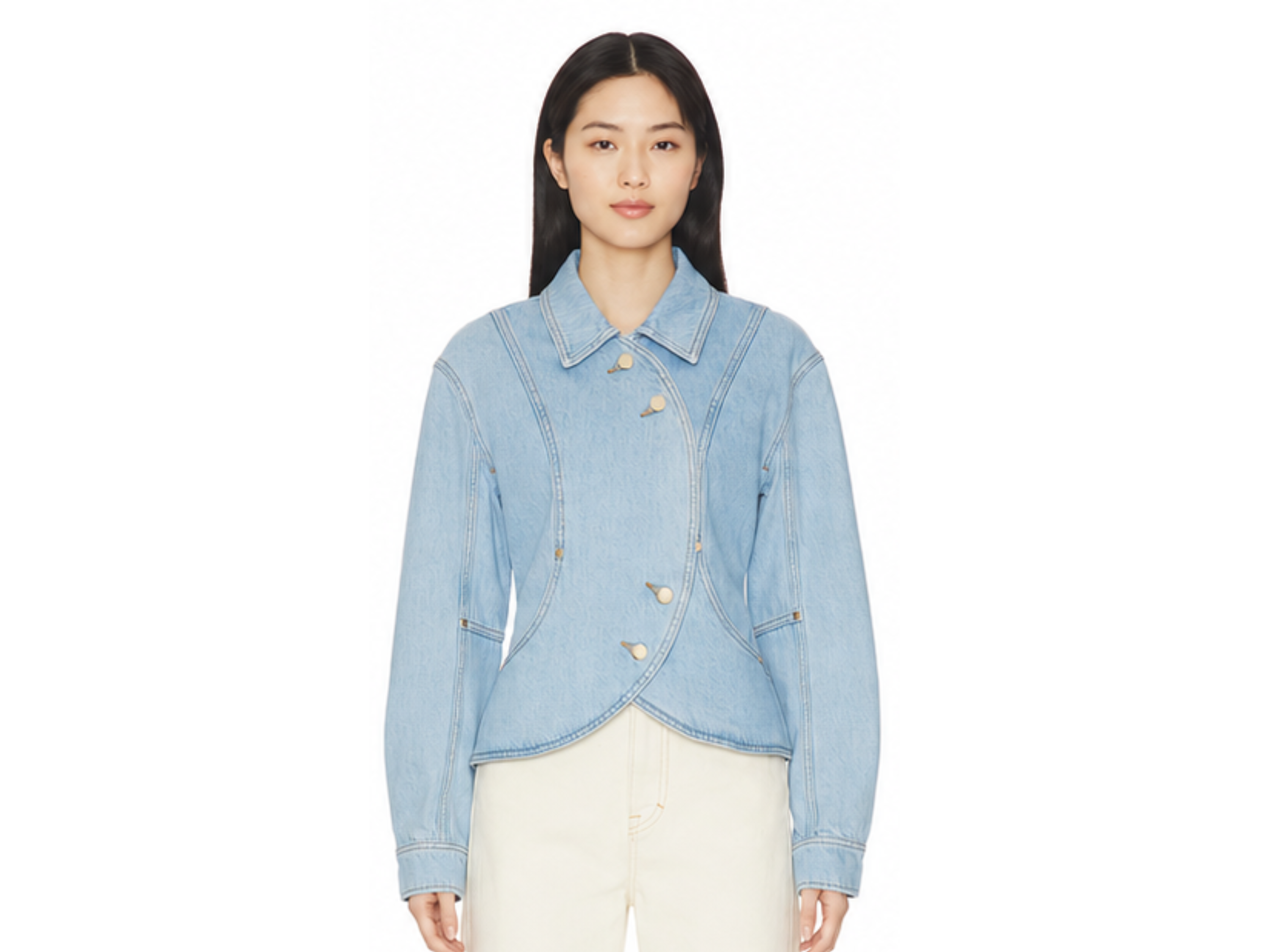 B2B Women’s Asymmetric Denim Jacket Low MOQ Denim Manufacturer Light Blue
