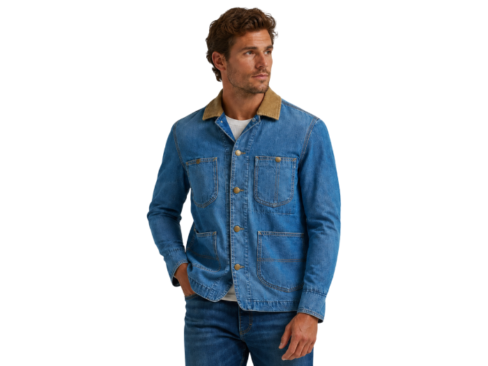 B2B Men’s Blue Contrast-Collar Denim Chore Jacket front design preview