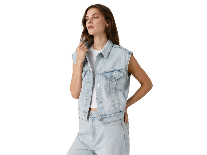 Women’s Light Blue Sleeveless Denim Vest | B2B Low MOQ Denim Manufacturer front design preview