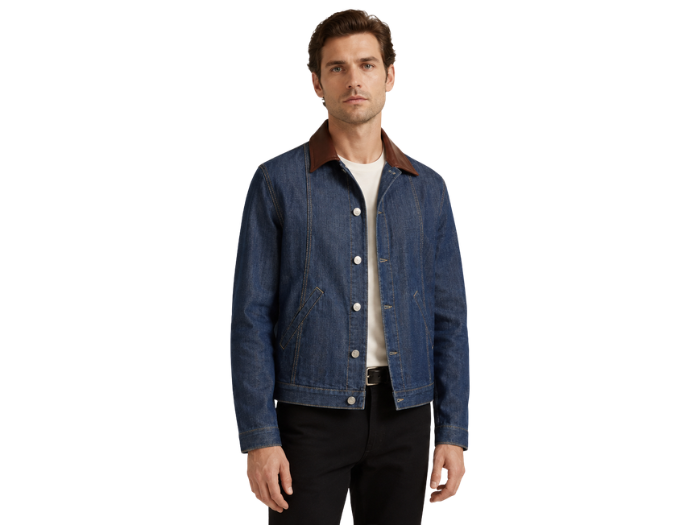 B2B Contrast-Collar Denim Jacket B2B Low MOQ Denim Manufacturer Men’s Dark Blue front design preview
