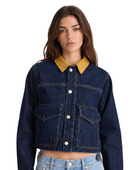 Wholesale Cropped Contrast-Collar Denim Jacket Women’s Dark Blue B2B