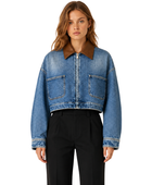 B2B Custom Cropped Contrast-Collar Denim Jacket Women’s Light Blue