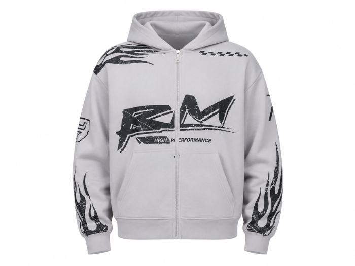 Custom Moto Racing Flame Screen Printed Zip-Up Hoodie B2B Light Grey