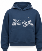 B2B Floral Embroidery Pullover Hoodie Dark Blue Low MOQ Winter Hoodie Manufacturer