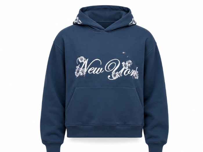 B2B Floral Embroidery Pullover Hoodie Dark Blue Low MOQ Winter Hoodie Manufacturer