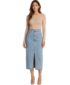 B2B Women’s Front-Slit Denim Midi Skirt Light Blue Low MOQ Denim Manufacture