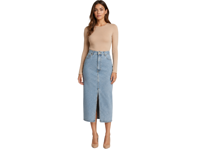 B2B Women’s Front-Slit Denim Midi Skirt Light Blue Low MOQ Denim Manufacture front design preview
